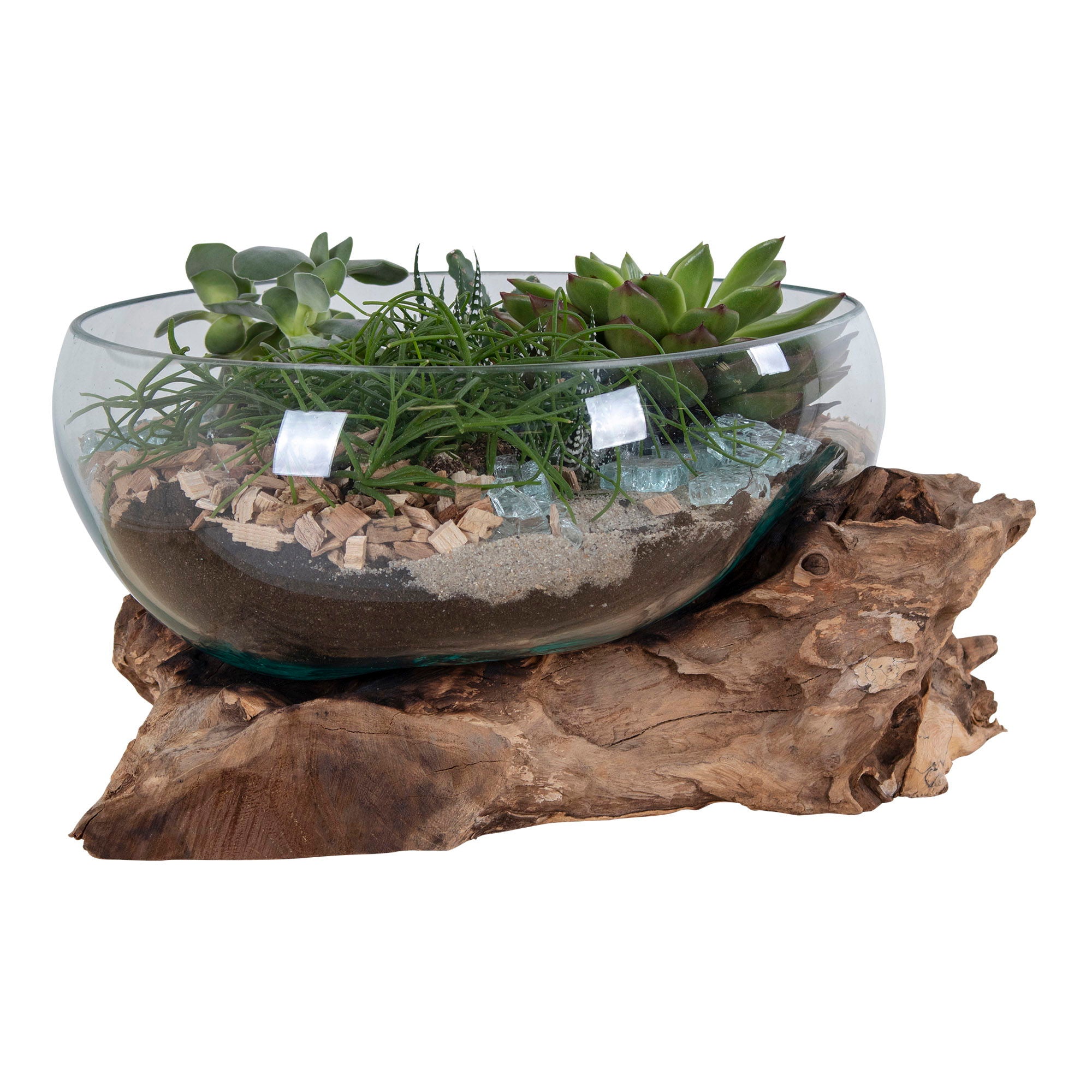 Glasobjekt auf Teakholz, natur, H20 cm